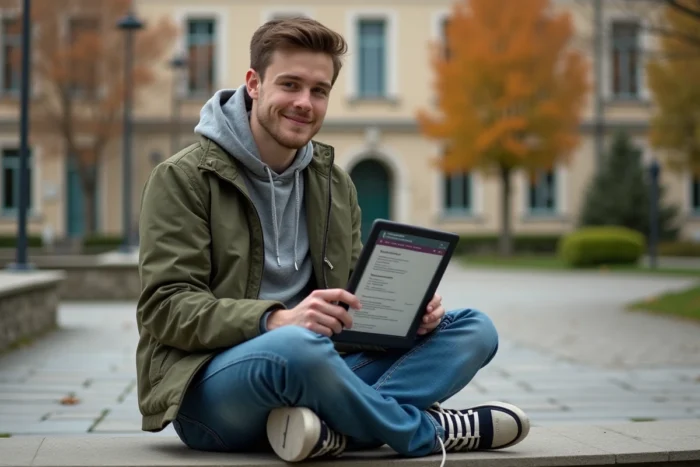 Jeune personnel éducatif accédant au webmail académique de Lyon sur une tablette dans une cour de campus