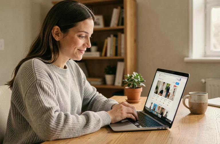 Femme effectuant un achat en ligne sur le site Auchan depuis son bureau à domicile