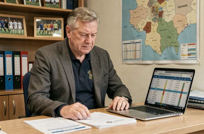 Dirigeant administratif du district de football de l'Essonne travaillant dans son bureau sur les évolutions du championnat 2026