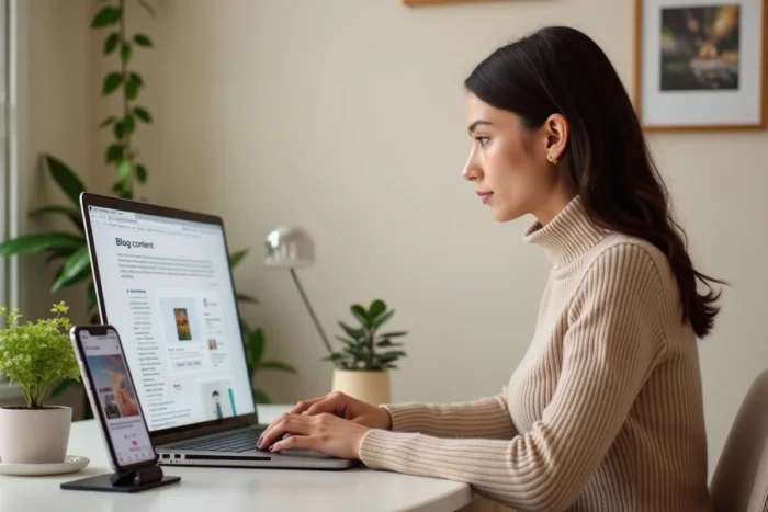 Jeune femme gérant son blog et son compte Instagram pour faire de l'affiliation, assise à un bureau esthétique avec ordinateur et smartphone