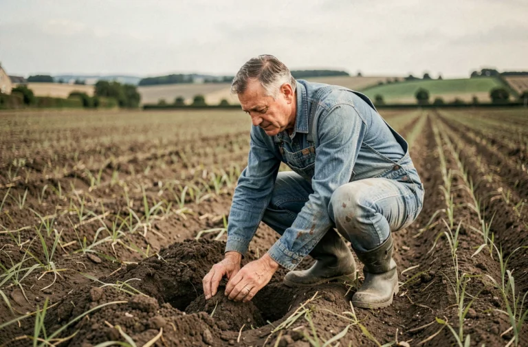 Agriculteur examinant la qualité du sol d'un terrain agricole en France avant achat