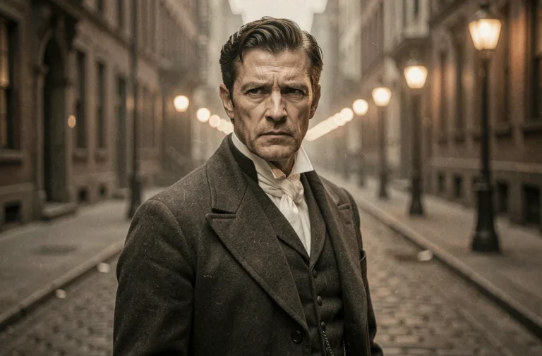 Acteur en costume victorien de la fin du XIXe siècle dans un décor de rue new-yorkaise pour la série L'Aliéniste saison 3