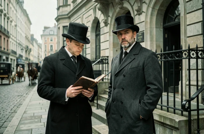 Deux inspecteurs en costume d'époque devant un commissariat victorien dans le New York reconstitué de L'Aliéniste saison 3