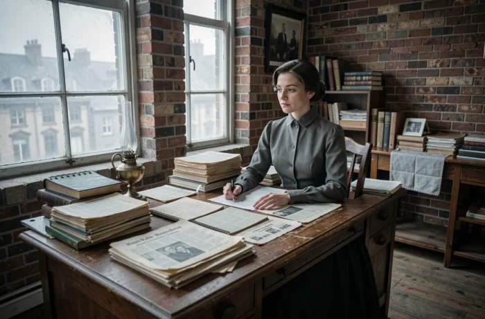 Personnage féminin journaliste en costume d'époque dans une salle de rédaction victorienne reconstituée pour L'Aliéniste saison 3