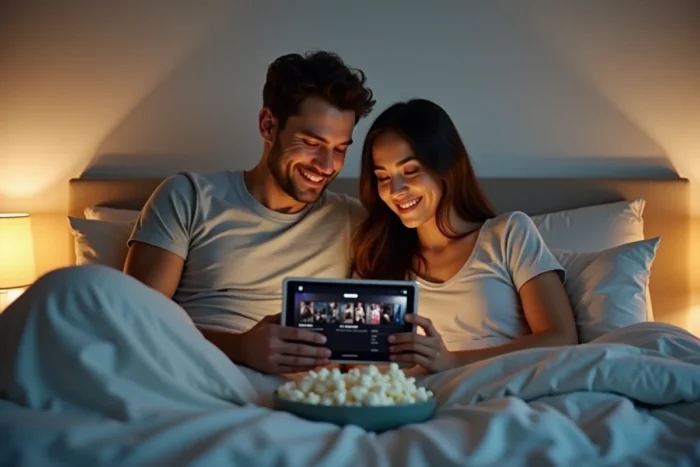Deux amis regardant ensemble des films en streaming gratuit sur tablette dans une chambre confortable