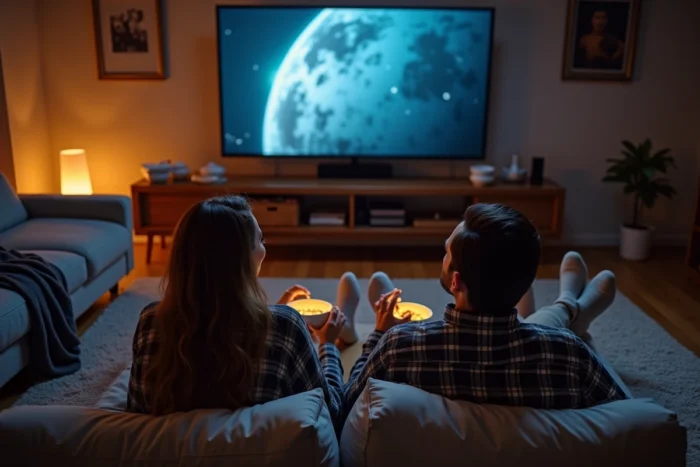 Deux amis allongés sur un tapis en train de regarder une série de science-fiction sur Netflix lors d'une soirée binge-watching