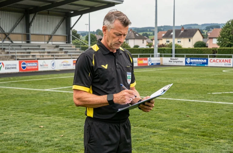 Arbitre officiel du district de football 91 en Essonne tenant un document sur un terrain de football régional