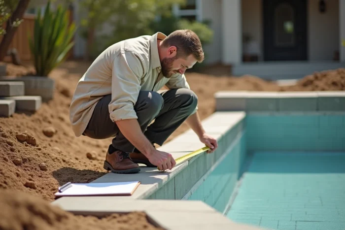 Architecte paysagiste mesurant les dimensions d'une piscine enterrée en construction pour respecter les seuils de la taxe d'aménagement