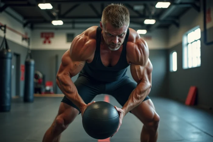 Athlète de catch musclé s'entraînant avec puissance dans un centre de performance de lutte professionnelle