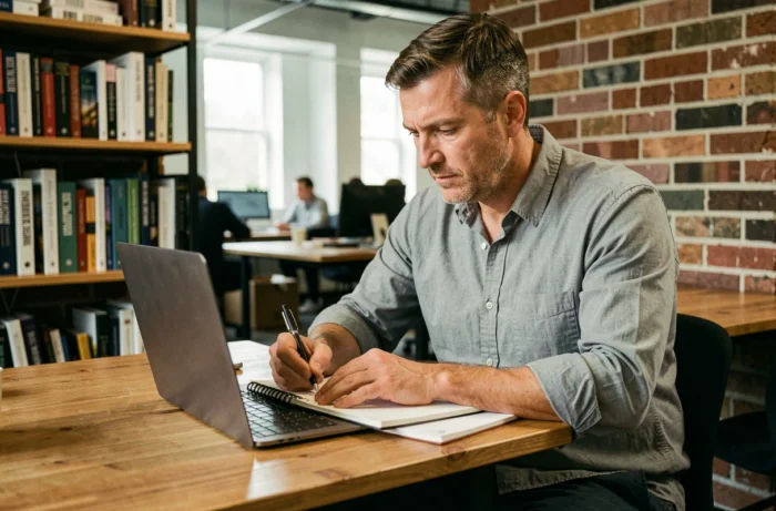 Professionnel en autoformation suivant un cours en ligne sur ordinateur portable dans un espace de coworking