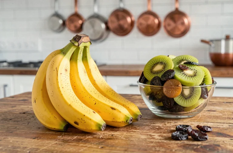 Régime de bananes mûres sur un comptoir en bois avec des fruits riches en fibres pour illustrer les bienfaits contre la constipation