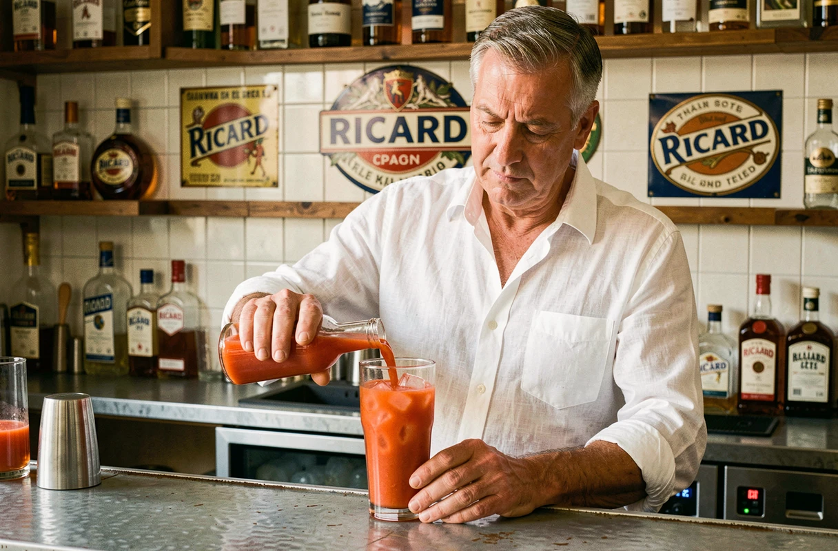 Barman préparant un Ricard tomate derrière un comptoir de zinc dans un café traditionnel français