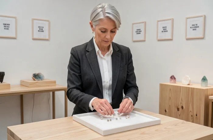 Femme arrangeant des bijoux personnalisés sur un présentoir en velours dans une boutique minimaliste