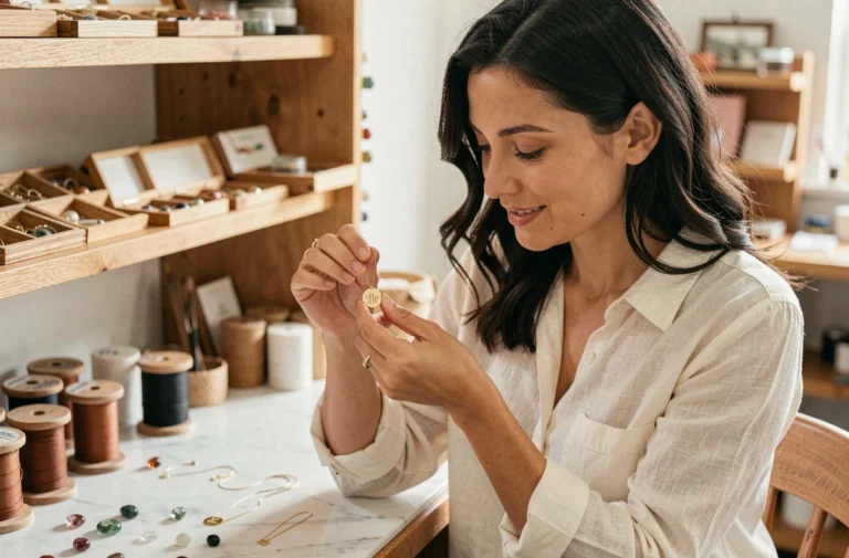 Femme tenant un collier personnalisé avec initiale dorée dans un atelier de bijoux artisanal