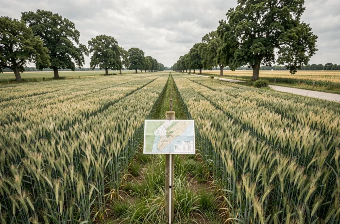 Borne de délimitation et carte cadastrale au bord d'un terrain agricole en France