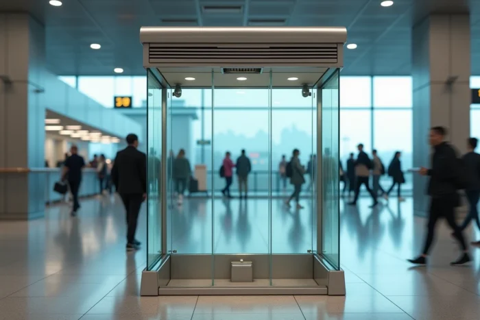 Cabine fumeur vitrée vide dans une zone d'embarquement d'aéroport avec passagers en arrière-plan flou