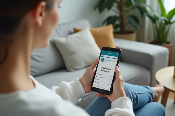 Femme consultant son application de cashback sur smartphone dans son salon, avec des économies accumulées visibles à l'écran via iGraal ou Poulpeo
