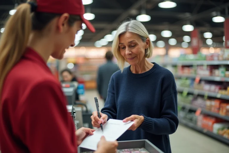 Une femme remplit un chèque différé à la caisse d'un hypermarché Cora, échangeant avec la caissière en uniforme rouge