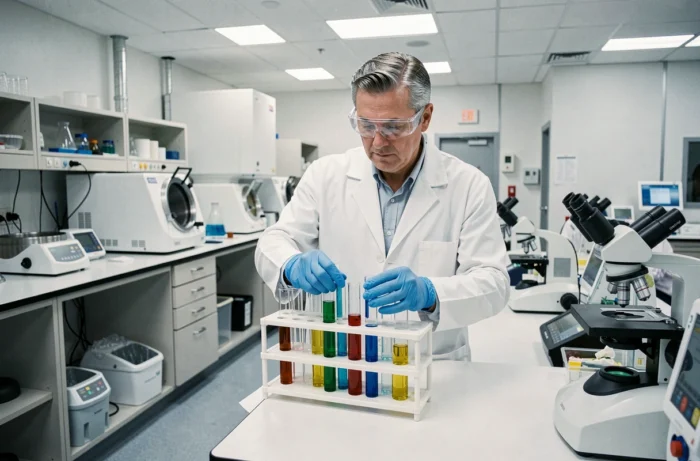 Chercheur scientifique manipulant des échantillons biologiques dans un laboratoire médical de recherche avancée
