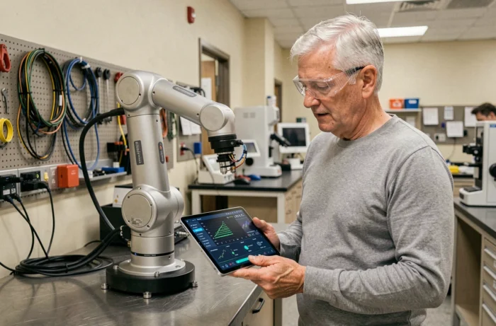 Chercheur en robotique analysant un bras robotique autonome contrôlé par intelligence artificielle dans un laboratoire universitaire