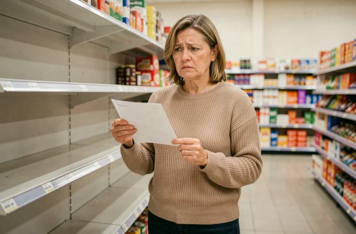 Une femme devant un rayon vide en supermarché cherchant du Domestos en rupture de stock