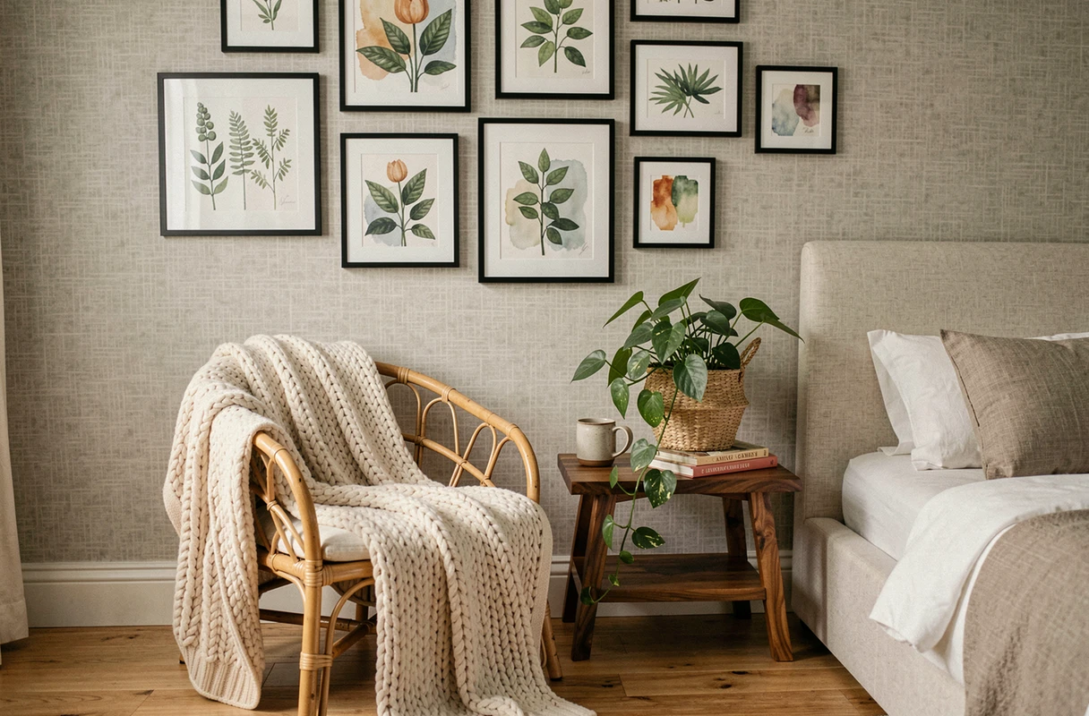 Coin chambre cosy avec fauteuil en rotin, mur de cadres botaniques et table de chevet en noyer dans un intérieur chaleureux