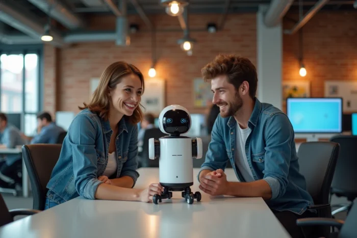 Deux collègues explorant un assistant robotique IA dans un espace de coworking technologique moderne