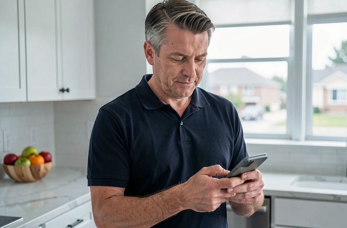 Homme passant une commande sur Auchan en ligne depuis son smartphone dans la cuisine