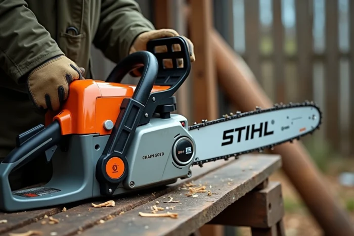 Gros plan sur les commandes d'une tronçonneuse Stihl posée sur un établi avec une main gantée prête à activer le starter