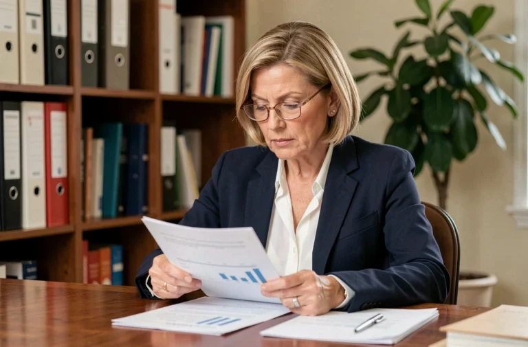 Femme cadre en fin de carrière comparant les avantages de son plan de retraite CCUES SG à son bureau à domicile