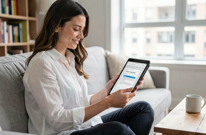 Jeune femme souriant en lisant une confirmation d'inscription en ligne sur une tablette depuis son salon