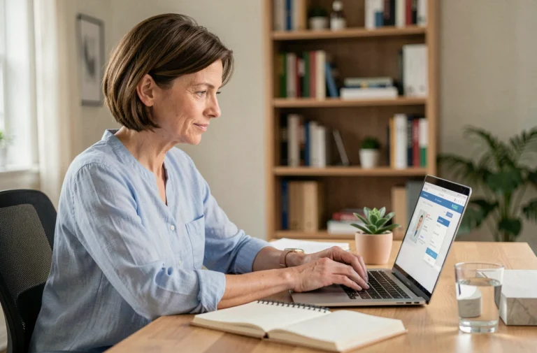 Femme de 40 ans connectée à un portail de soins en ligne depuis son bureau à domicile