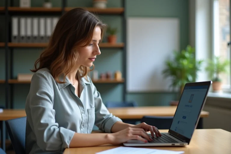 Enseignante connectée au webmail académique de Lyon sur son ordinateur portable dans un bureau scolaire