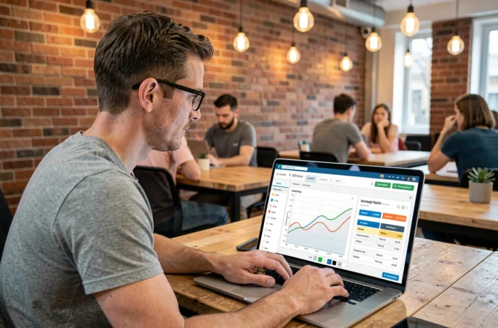 Un consultant SEO consultant les données de positionnement Google sur un outil de tracking de mots-clés en espace de coworking