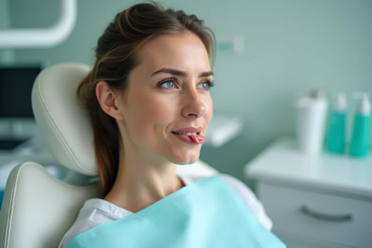 Femme en consultation dentaire montrant sa langue festonnée à son dentiste dans un cabinet moderne