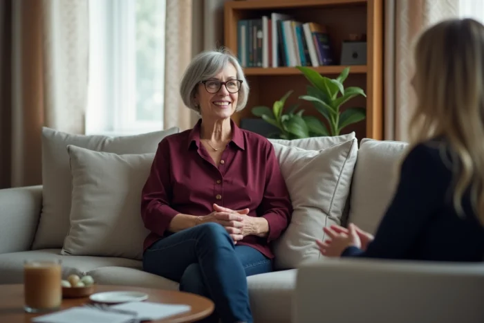 Femme en consultation chez un psychothérapeute dans un cabinet moderne, échangeant avec son thérapeute