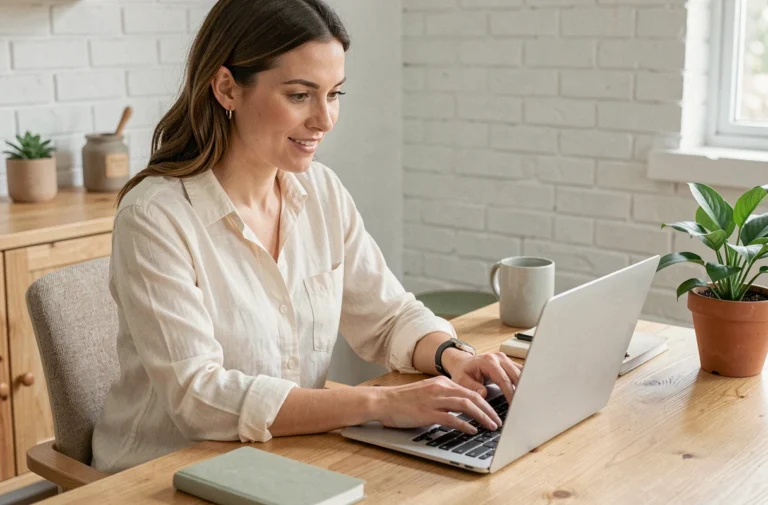 Femme tapant un email de contact sur un ordinateur portable dans un bureau écoresponsable pour joindre l'équipe de La Mode Éthique