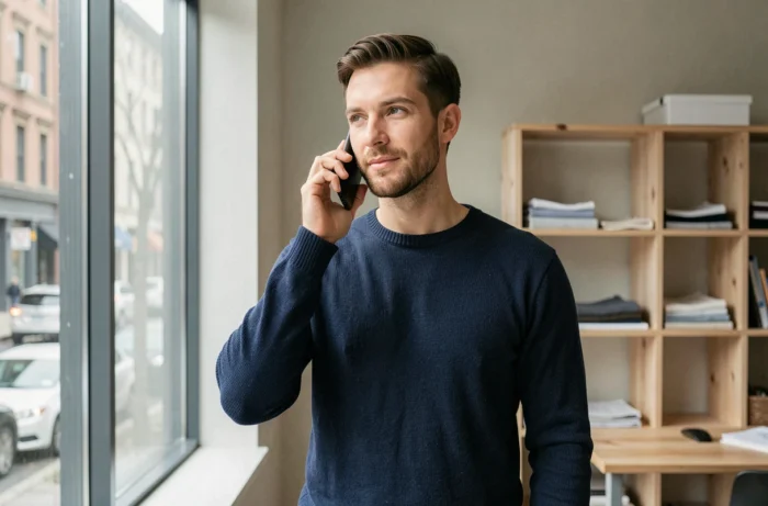 Homme en pull en coton bio contactant l'équipe éditoriale d'un site de mode éthique par téléphone dans un bureau minimaliste