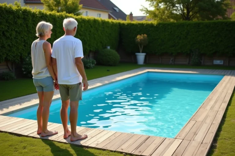 Couple debout près d'une petite piscine hors-sol rectangulaire dans un jardin résidentiel français, illustrant les dimensions exemptées de taxe d'aménagement
