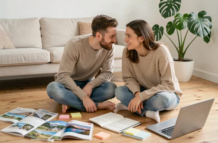 Couple planifiant leur prochain voyage entouré de guides de voyage et d'une carte dans un appartement moderne