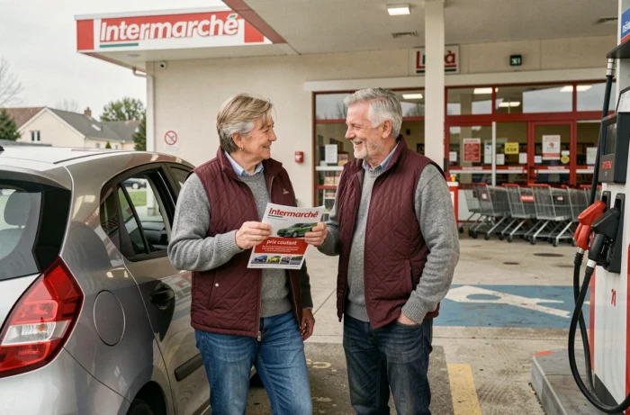 Couple faisant le plein de carburant à prix coûtant chez Intermarché avec une brochure promotionnelle
