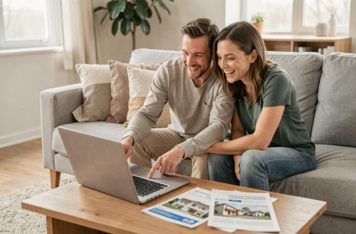 Couple recherchant un bien immobilier en ligne sur un ordinateur portable dans leur salon, simplifiant leurs démarches grâce à une plateforme numérique