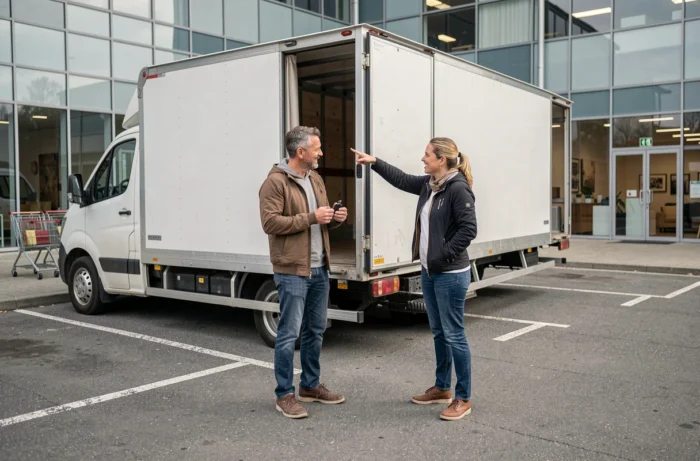 Couple en train de récupérer un camion de location devant un magasin de meubles pour leur déménagement