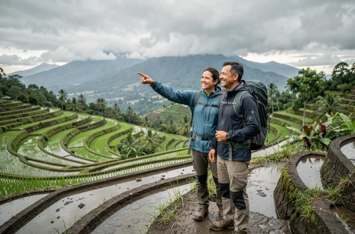 Couple de voyageurs admirant les rizières en terrasses de Bali en Indonésie