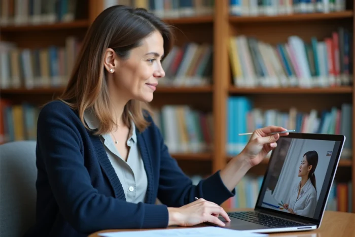 Femme donnant des cours particuliers en visioconférence depuis son bureau à domicile, illustrant les services de tutorat en ligne via Superprof