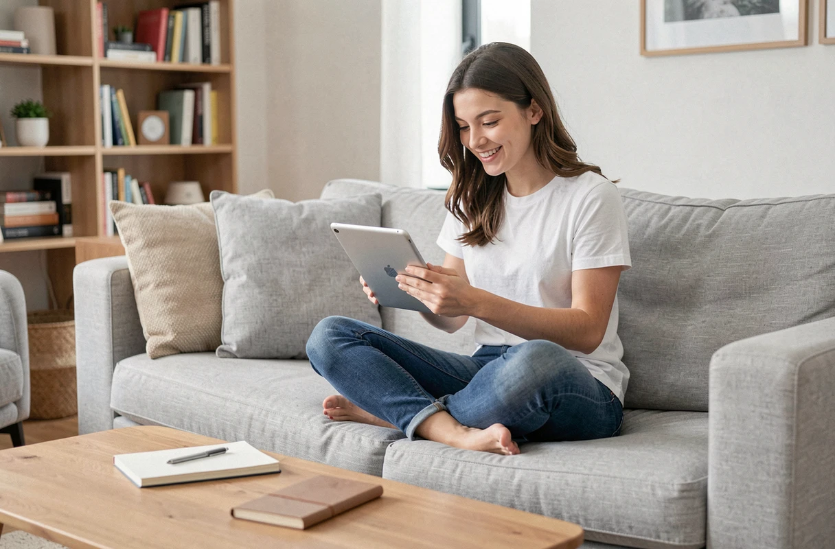 Jeune femme utilisant une tablette pour faire ses courses sur Auchan depuis son salon