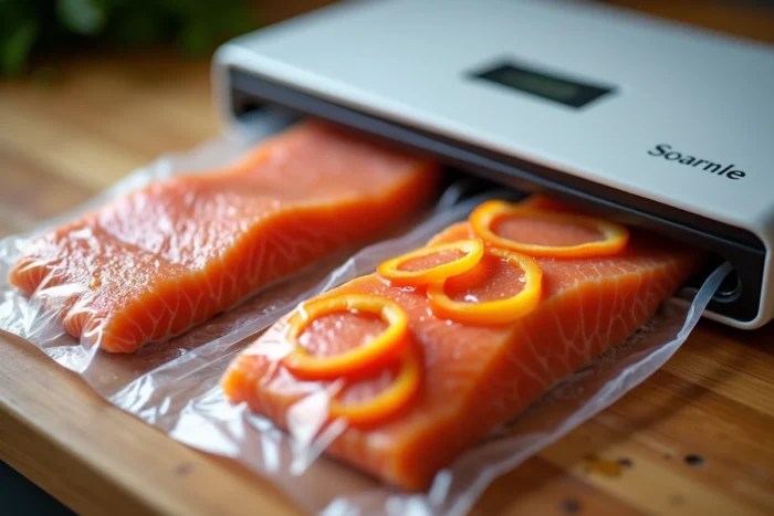Sacs sous vide hermétiques contenant du saumon et des légumes préparés avec la Crenova VS100S