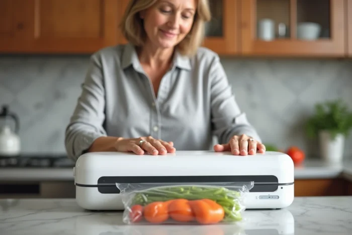 Femme utilisant la machine de mise sous vide Crenova VS100S sur un plan de travail de cuisine moderne