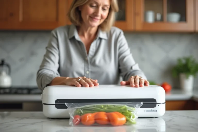 Femme utilisant la machine de mise sous vide Crenova VS100S sur un plan de travail de cuisine moderne