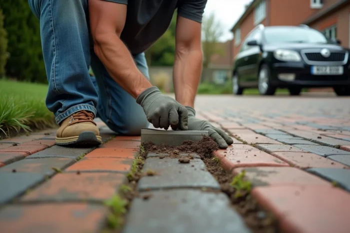 Homme utilisant un outil de curage pour éliminer les mauvaises herbes des joints de pavés d'une allée